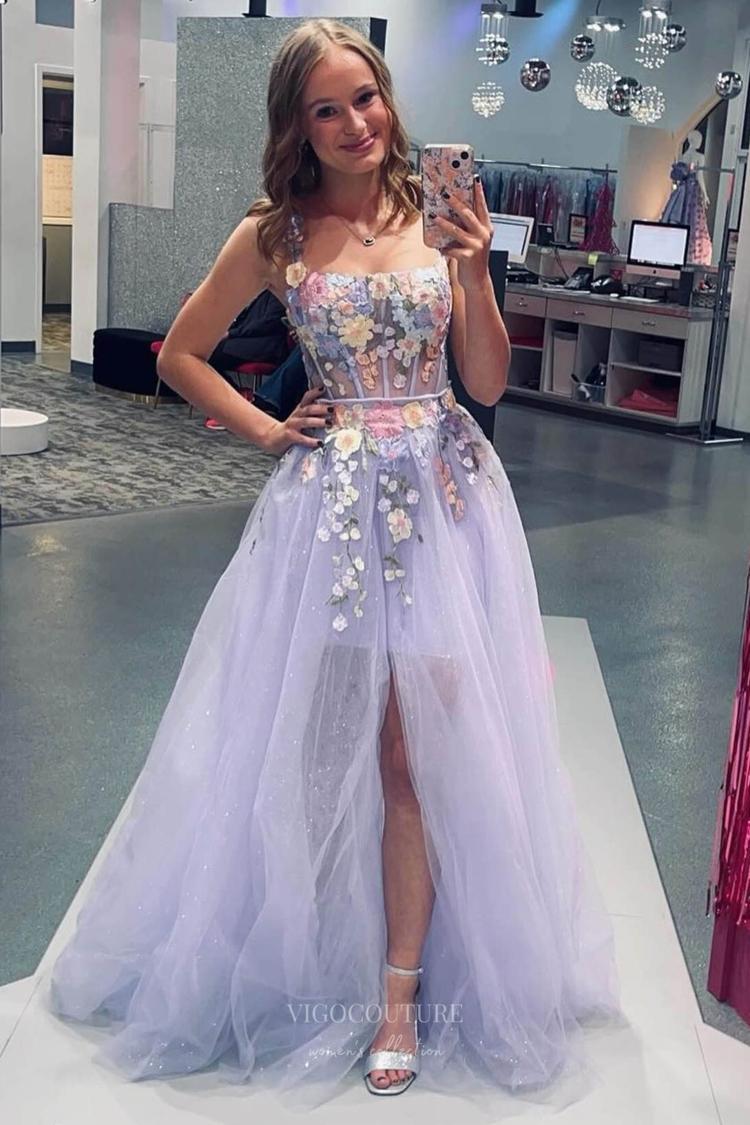 Lavender Lace Applique Floral Prom Dresses Removable Overskirt Sheer Bodice 24364 Lavender / 18w Lavender Lace Applique Floral Prom Dresses Removable Overskirt Sheer Bodice 24364 Lavender / 18w