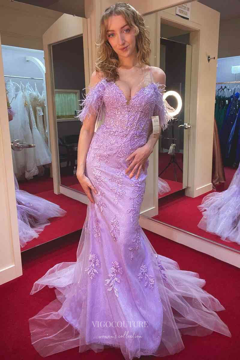 Lavender Lace Applique Mermaid Prom Dresses 2024 Feathers Spaghetti St vigocouture Lavender Lace Applique Mermaid Prom Dresses 2024 Feathers Spaghetti St vigocouture