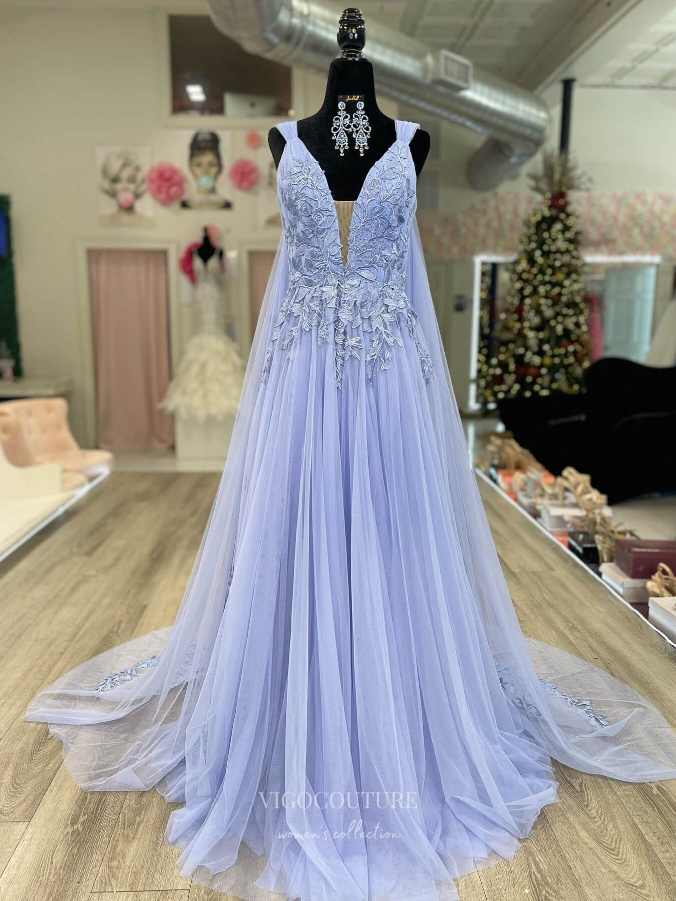 Lavender Lace Applique Prom Dresses Cape Sleeve Plunging V-Neck 24177 Custom Colors / 22W Lavender Lace Applique Prom Dresses Cape Sleeve Plunging V-Neck 24177 Custom Colors / 22W