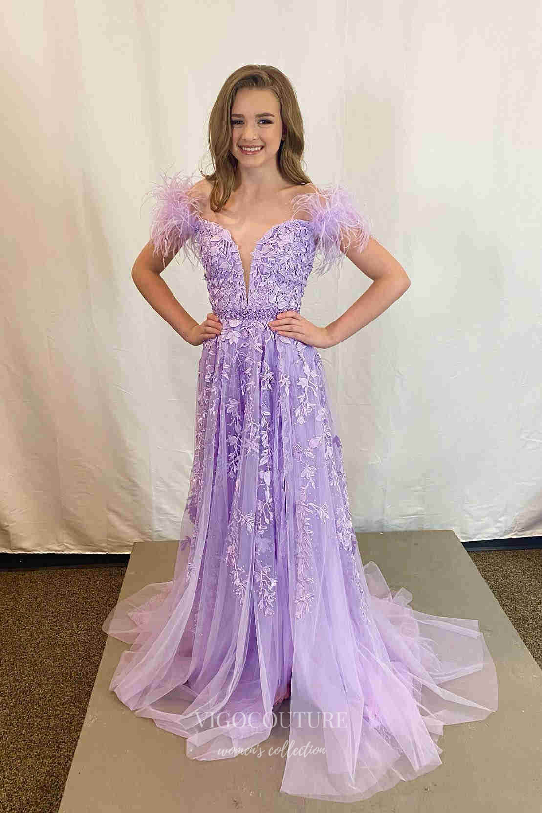 Lavender Lace Applique Prom Dresses Plunging V-Neck Feather Formal Gown 21880 Custom Colors / US2 Lavender Lace Applique Prom Dresses Plunging V-Neck Feather Formal Gown 21880 Custom Colors / US2