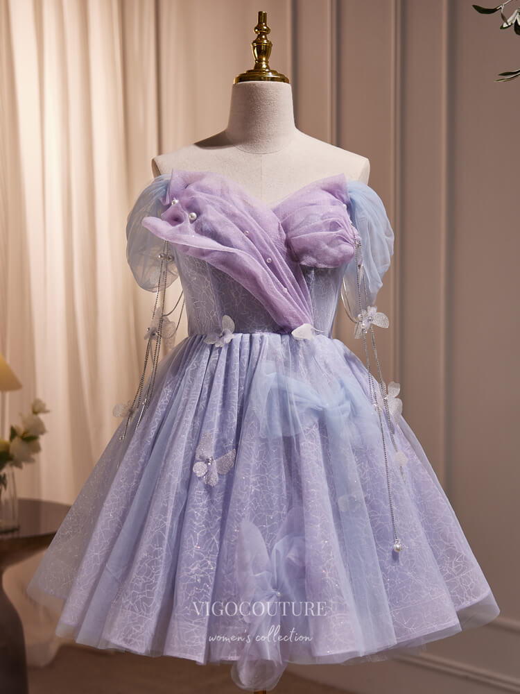 Lavender Lace Hoco Dresses Off the Shoulder Graduation Dress with Butterfly hc248 - Lavender / US6 Lavender Lace Hoco Dresses Off the Shoulder Graduation Dress with Butterfly hc248 - Lavender / US6
