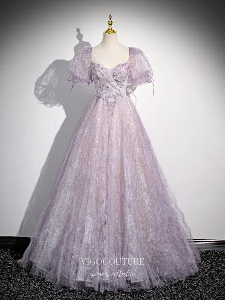 Lavender Puffed Sleeve Prom Dresses Wrinkled Tulle Beaded Lace Formal vigocouture Lavender Puffed Sleeve Prom Dresses Wrinkled Tulle Beaded Lace Formal vigocouture