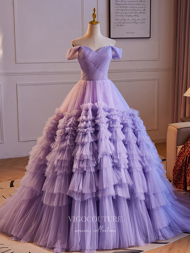 Lavender Ruffled Tiered Prom Dresses Off the Shoulder Quinceanera Dres vigocouture Lavender Ruffled Tiered Prom Dresses Off the Shoulder Quinceanera Dres vigocouture