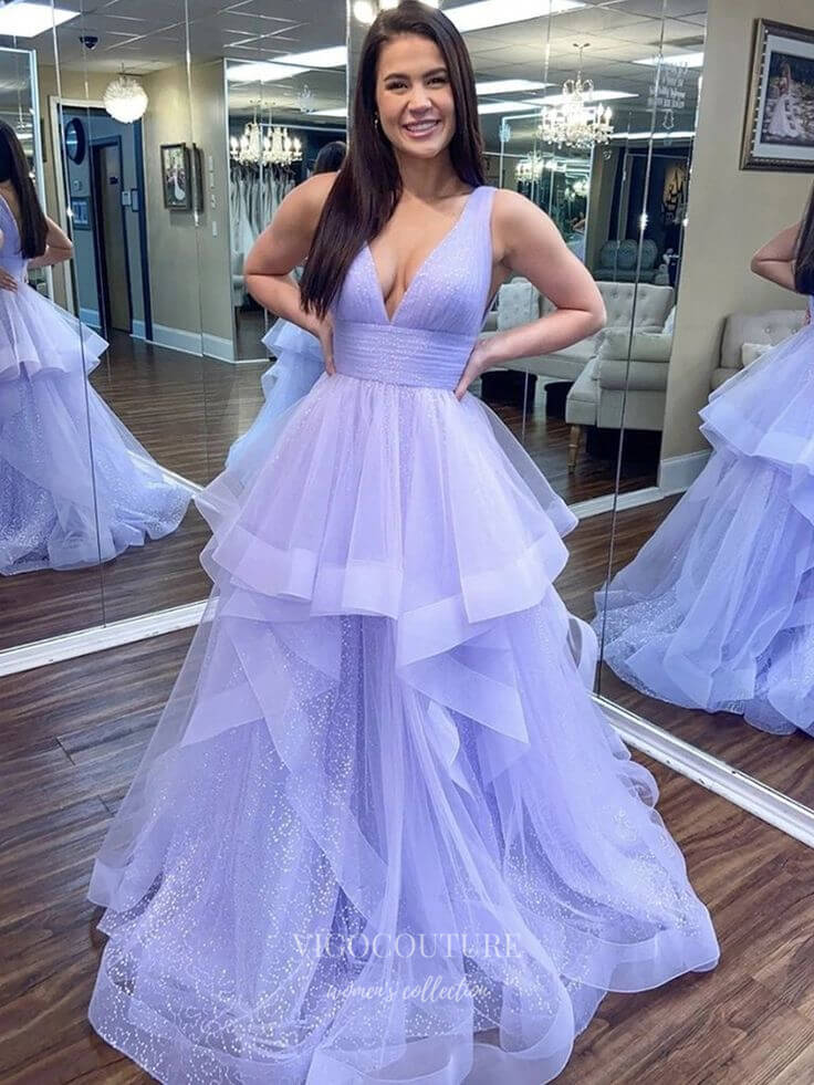 Lavender Ruffled Tulle Prom Dresses Plunging V-Neck Formal Gown 21881 Lavender Ruffled Tulle Prom Dresses Plunging V-Neck Formal Gown 21881