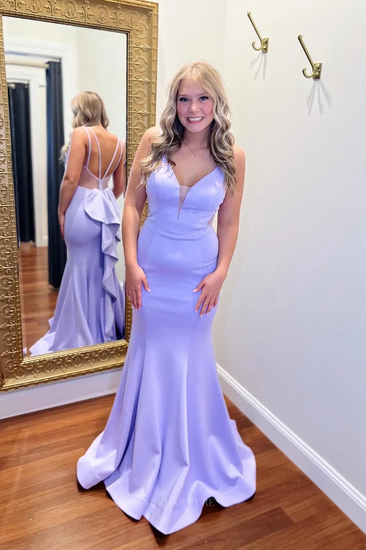 Lavender Mermaid Prom Dress with Ruffle Back & Deep V – 26064 – vigocouture
