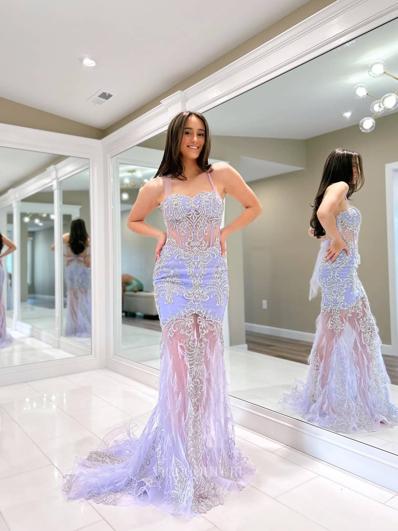 Lavender Sheer Lace Applique Prom Dresses Feather Spaghetti Strap 24090 Lavender / 16W Lavender Sheer Lace Applique Prom Dresses Feather Spaghetti Strap 24090 Lavender / 16W