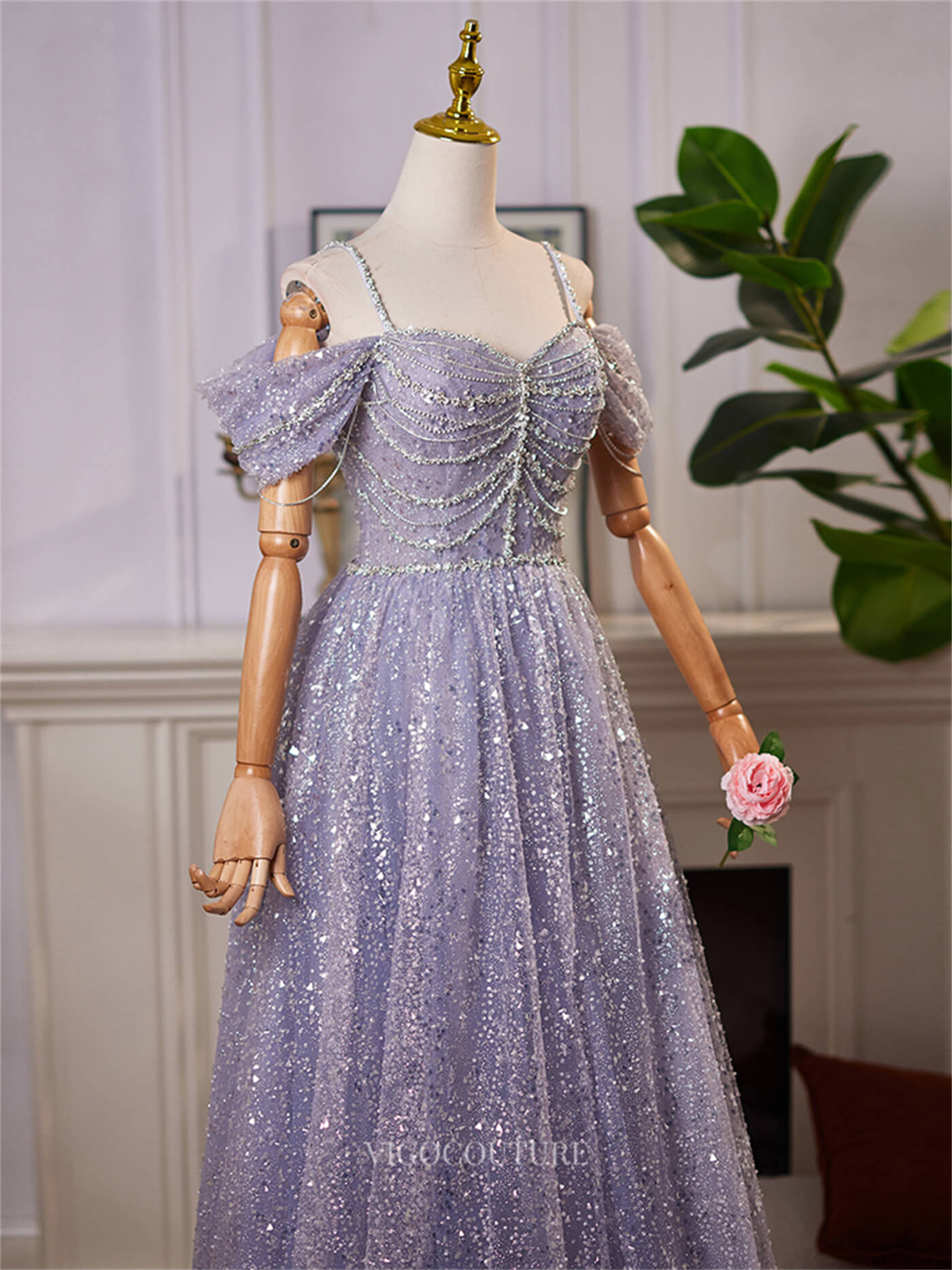 Prom Dress 2025 Lavender Sparkly Spaghetti Strap Prom Dresses Off the Shoulder Beaded String Evening Dress 25080-unique elegant Prom Dresses-Lavender-Custom Size-vigocouture
