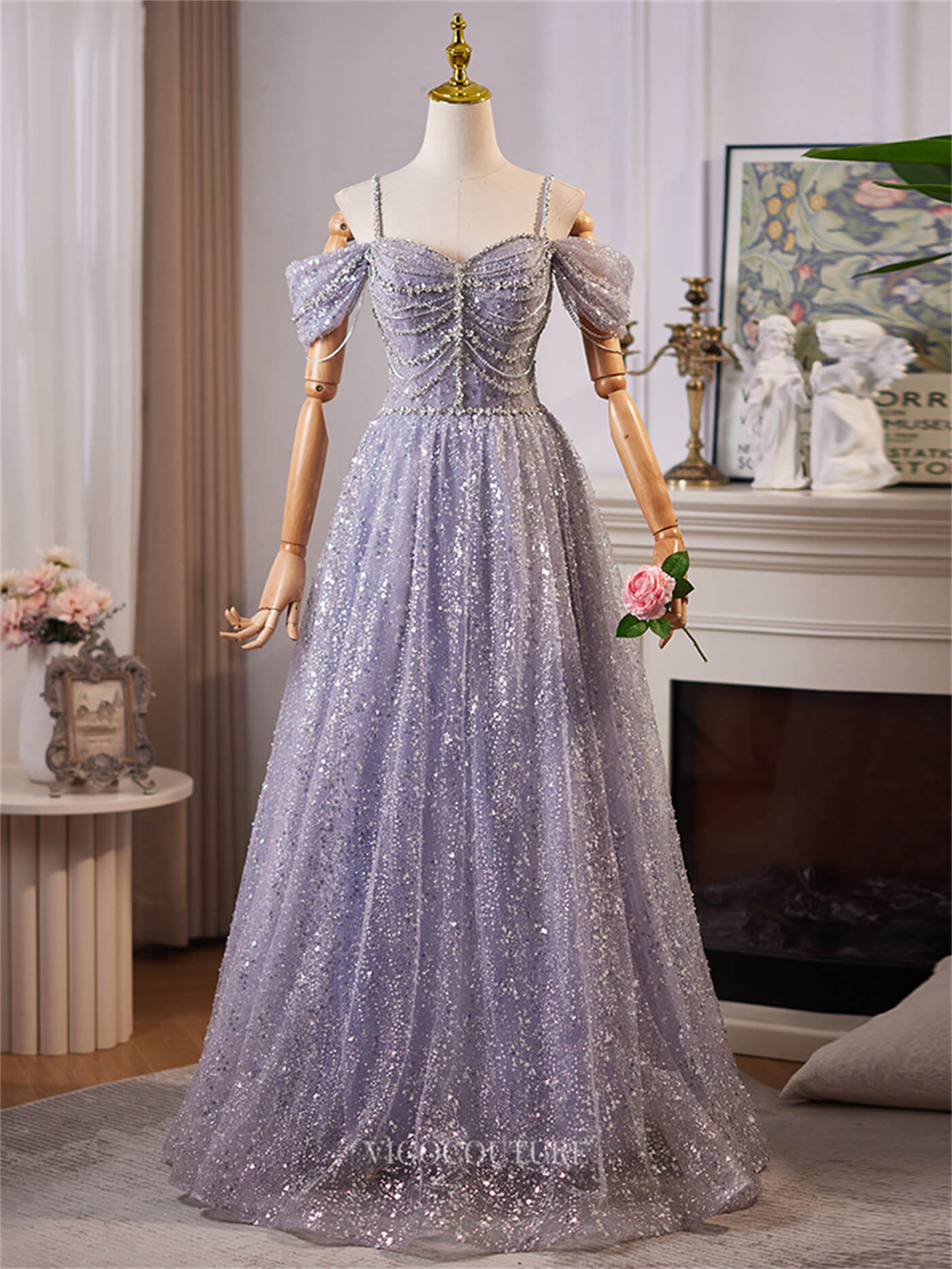Lavender Sparkly Spaghetti Strap Prom Dresses Off the Shoulder Beaded vigocouture Lavender Sparkly Spaghetti Strap Prom Dresses Off the Shoulder Beaded vigocouture