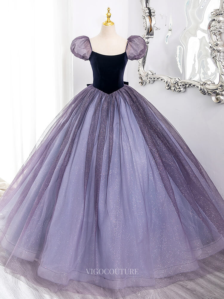 plus size lavender prom dress Lavender Sparkly Tulle Prom Dresses with Bow, Puffed Sleeve, Velvet Bo – vigocouture