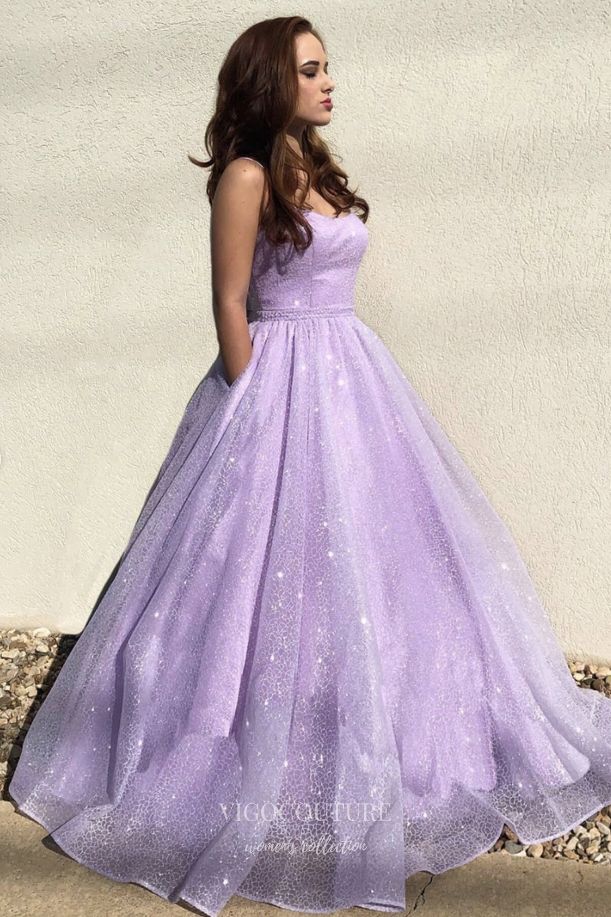 Lavender Sparkly Tulle Prom Dresses with Pockets Spaghetti Strap Forma vigocouture Lavender Sparkly Tulle Prom Dresses with Pockets Spaghetti Strap Forma vigocouture