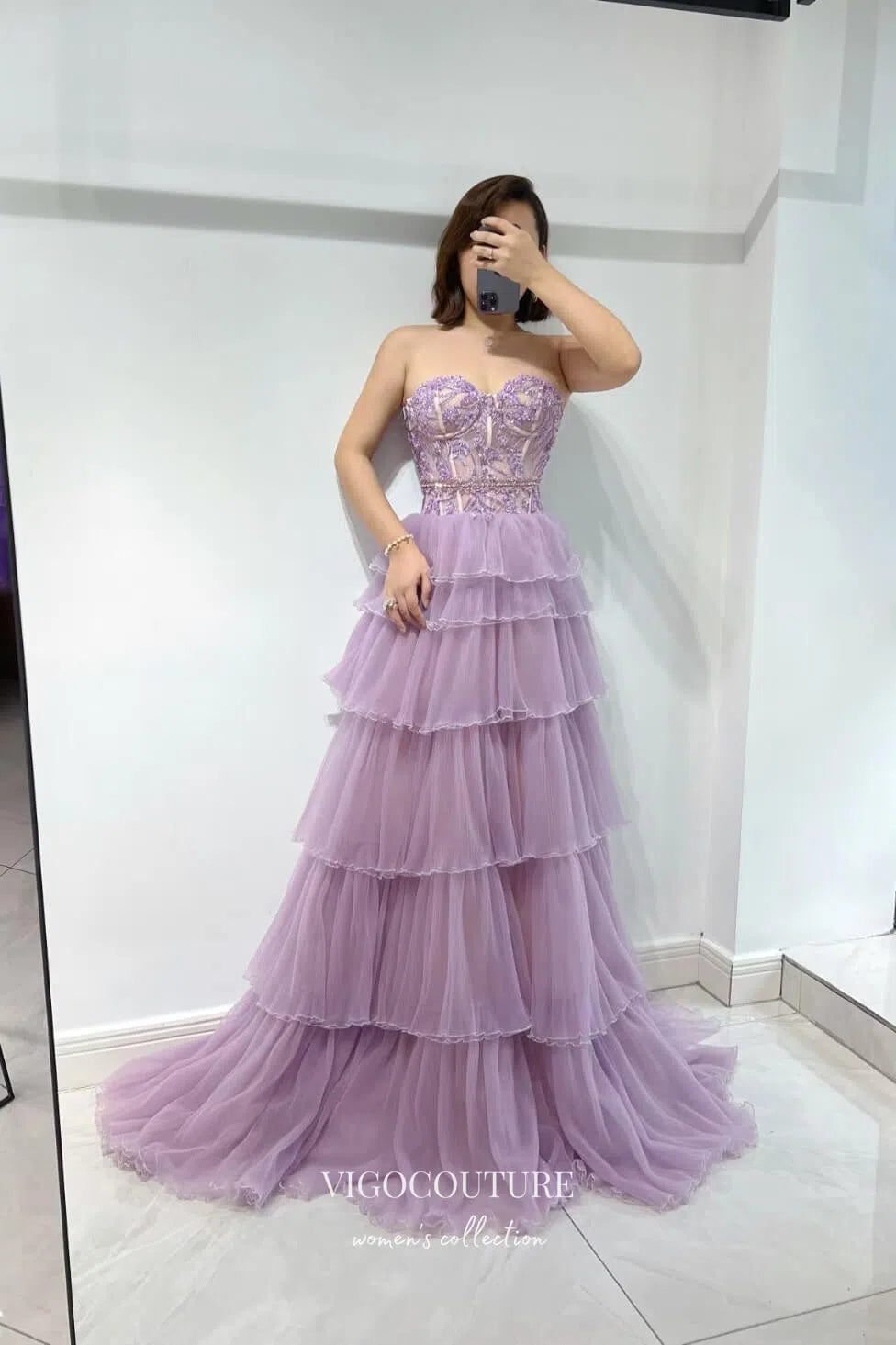 Lavender Strapless Prom Dress with Beaded Lace Applique Bodice and Ruf vigocouture Lavender Strapless Prom Dress with Beaded Lace Applique Bodice and Ruf vigocouture