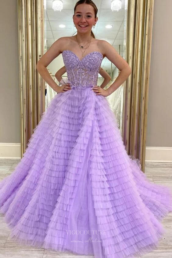 Lavender Tiered Lace Applique Prom Dresses Sweetheart Neck Sheer Boned vigocouture Lavender Tiered Lace Applique Prom Dresses Sweetheart Neck Sheer Boned vigocouture
