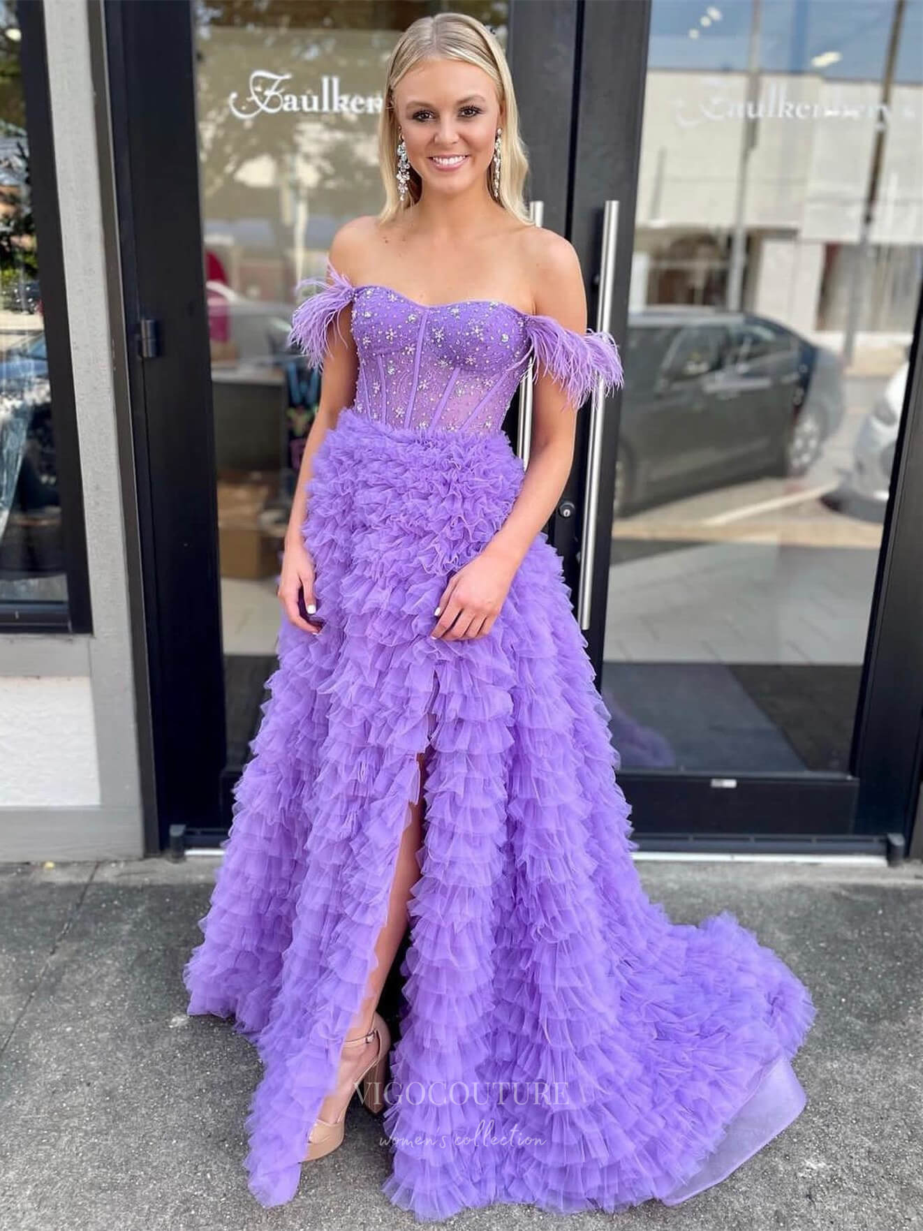 Lavender Tiered Ruffled Prom Dresses with Slit Feather Beaded Sheer Bodice 24331 Lavender / US6 Lavender Tiered Ruffled Prom Dresses with Slit Feather Beaded Sheer Bodice 24331 Lavender / US6