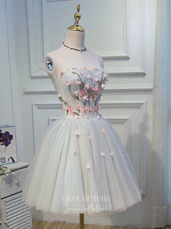 Cute Strapless Floral Homecoming Dresses SD1060C Light Blue / US16 Cute Strapless Floral Homecoming Dresses SD1060C Light Blue / US16