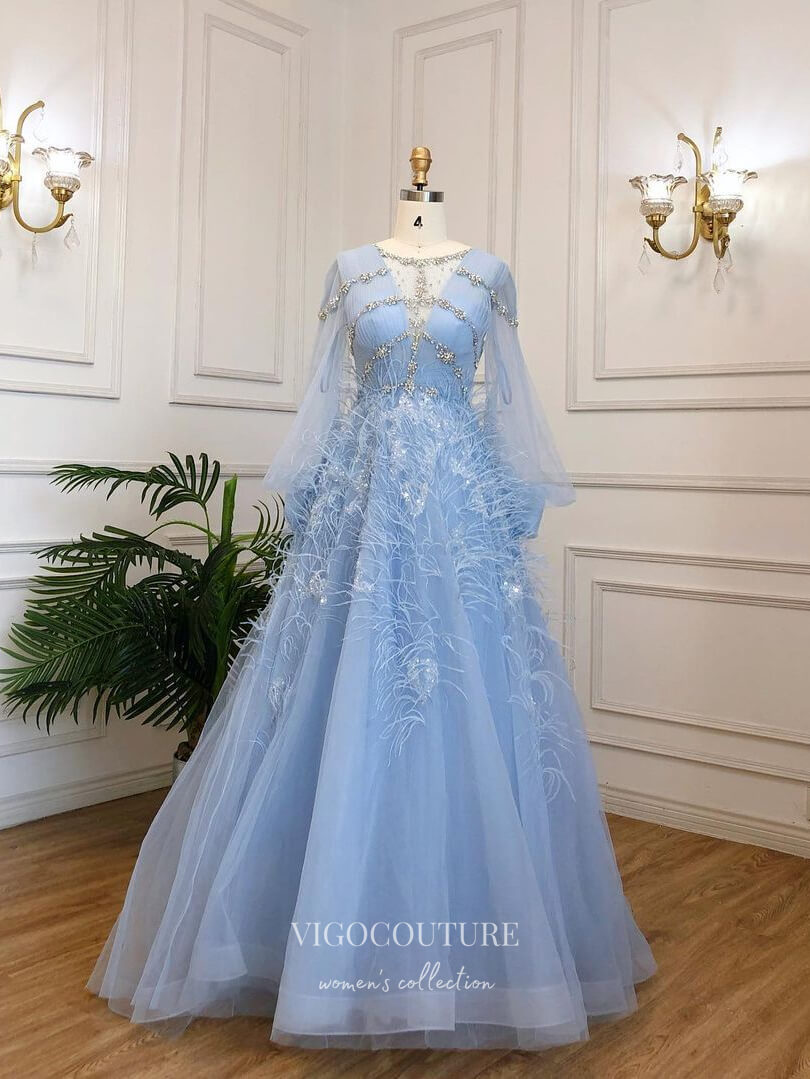 Light Blue Beaded Feather Prom Dresses Long Puffed Sleeve Evening Dress 22100 Light Blue / US14 Light Blue Beaded Feather Prom Dresses Long Puffed Sleeve Evening Dress 22100 Light Blue / US14