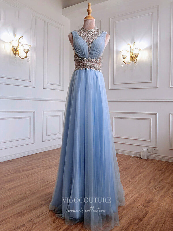 Light Blue Beaded Prom Dresses High Neck Formal Dresses 21287 Custom Colors / US2 Light Blue Beaded Prom Dresses High Neck Formal Dresses 21287 Custom Colors / US2