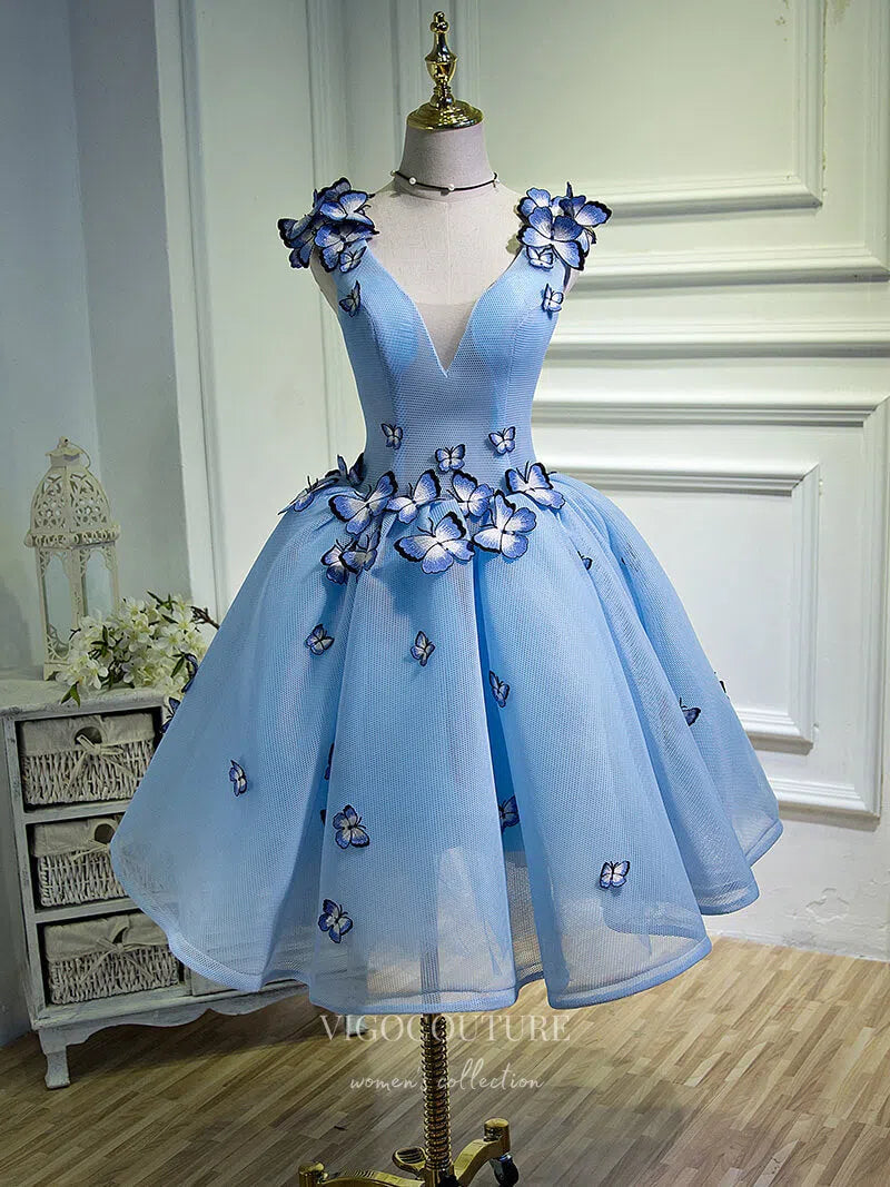 A Line V Neck Short Blue Prom Dresses with Butterfly, Short Blue Formal Homecoming Dresses, US 16 / Blue as Pics / No Rush A Line V Neck Short Blue Prom Dresses with Butterfly, Short Blue Formal Homecoming Dresses, US 16 / Blue as Pics / No Rush