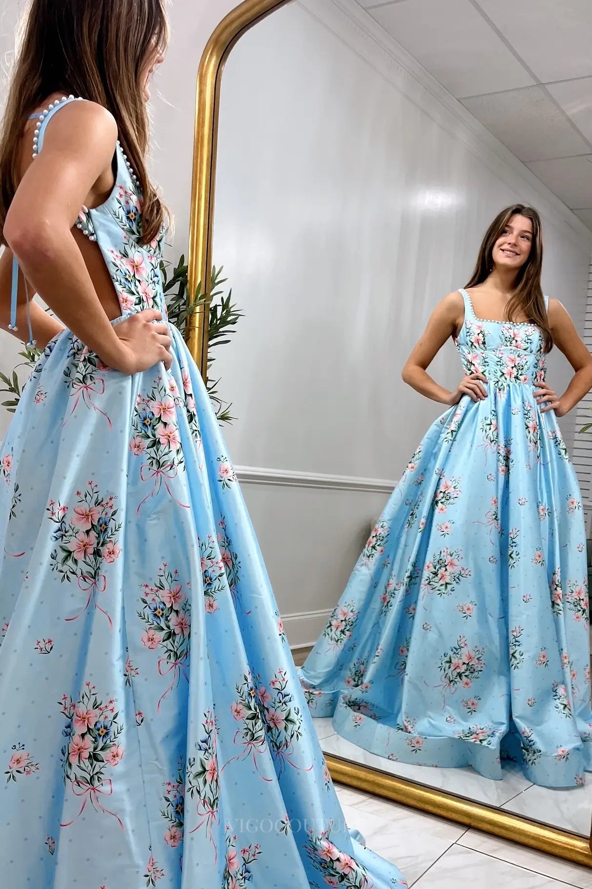 Light Blue Floral Ball Gown Prom Dress with Pearl Straps – FP014 – vigocouture