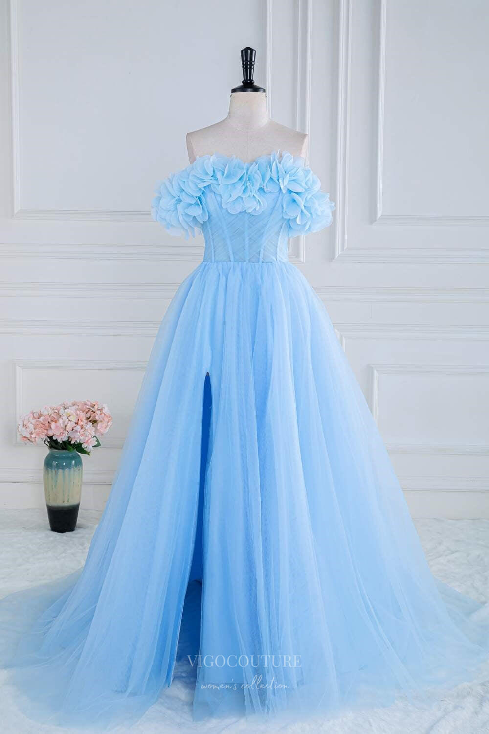 Light Blue Floral Cheap Prom Dresses with Slit Strapless Boned Bodice vigocouture Light Blue Floral Cheap Prom Dresses with Slit Strapless Boned Bodice vigocouture