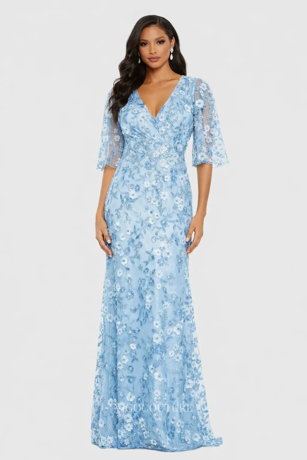 Light Blue Floral Embroidered Evening Dress with Sheer Flutter Sleeves – vigocouture