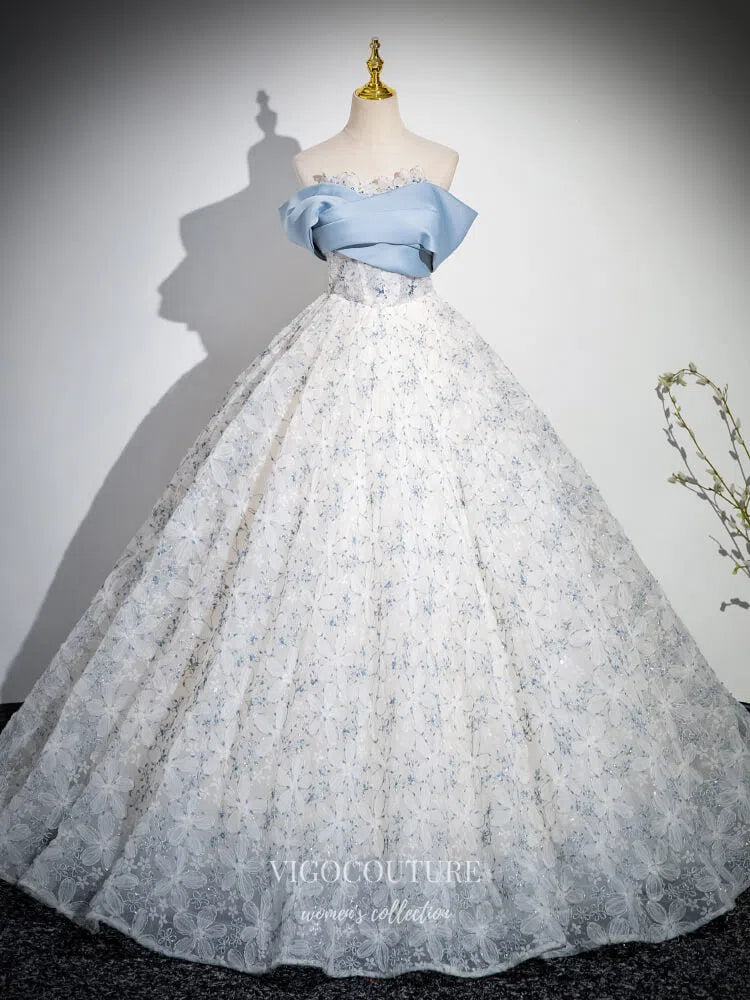 Light Blue Floral Lace Quinceanera Dresses Off the Shoulder Prom Ball – vigocouture