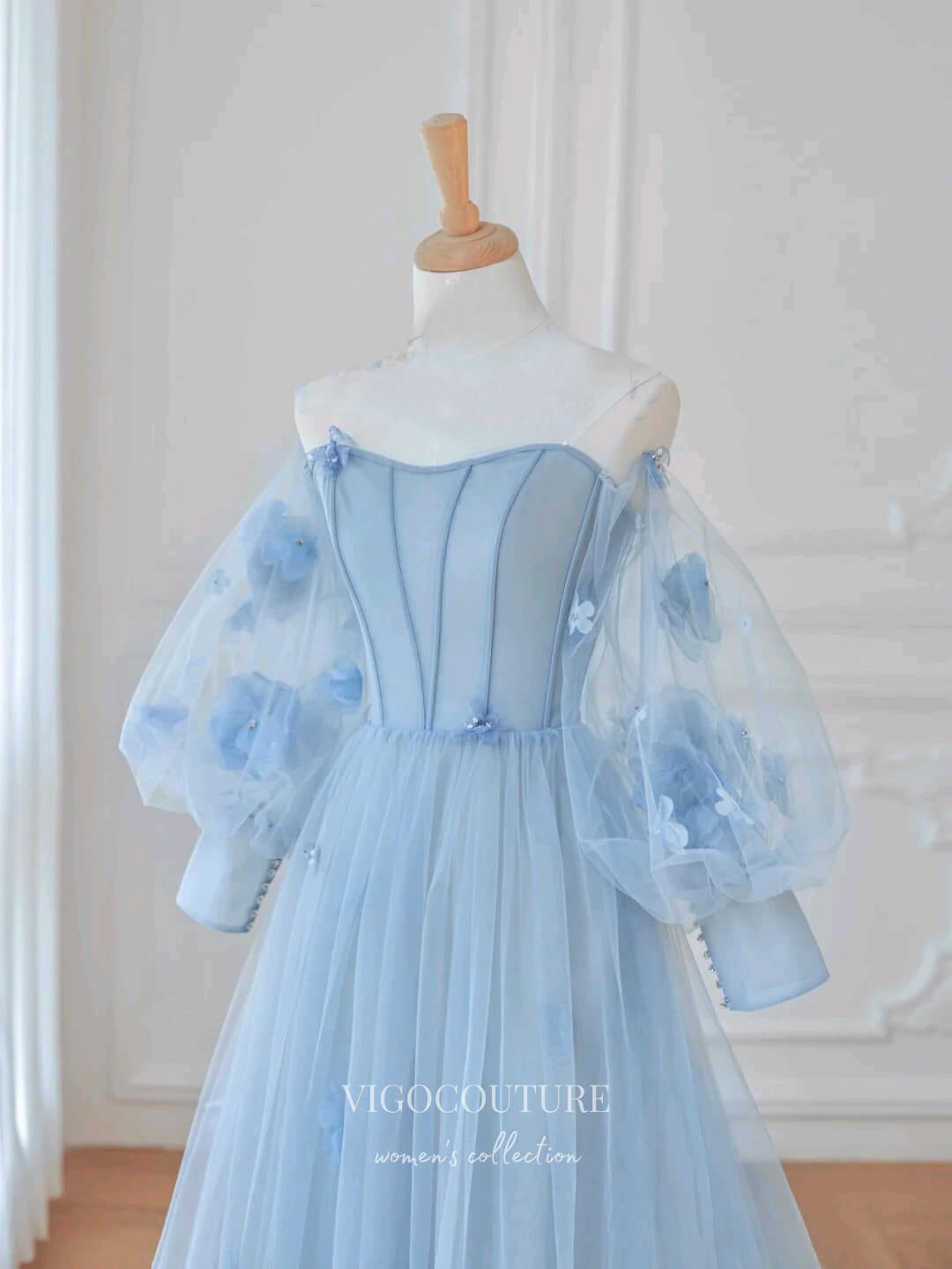Prom Dress 2025 Light Blue Floral Prom Dresses Long Sleeve Formal Dresses 21156-unique elegant Prom Dresses-Light Blue-Custom Size-vigocouture