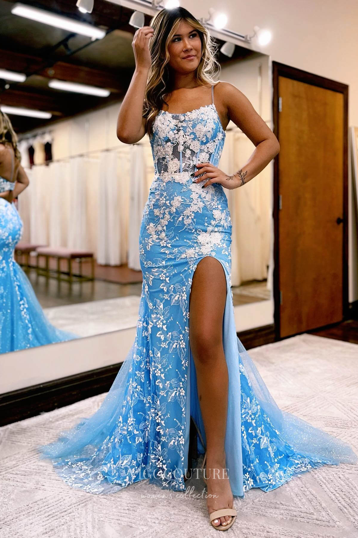 Light Blue Lace Applique Prom Dress with Slit and Spaghetti Strap 22181 - Custom Colors / 22W Light Blue Lace Applique Prom Dress with Slit and Spaghetti Strap 22181 - Custom Colors / 22W