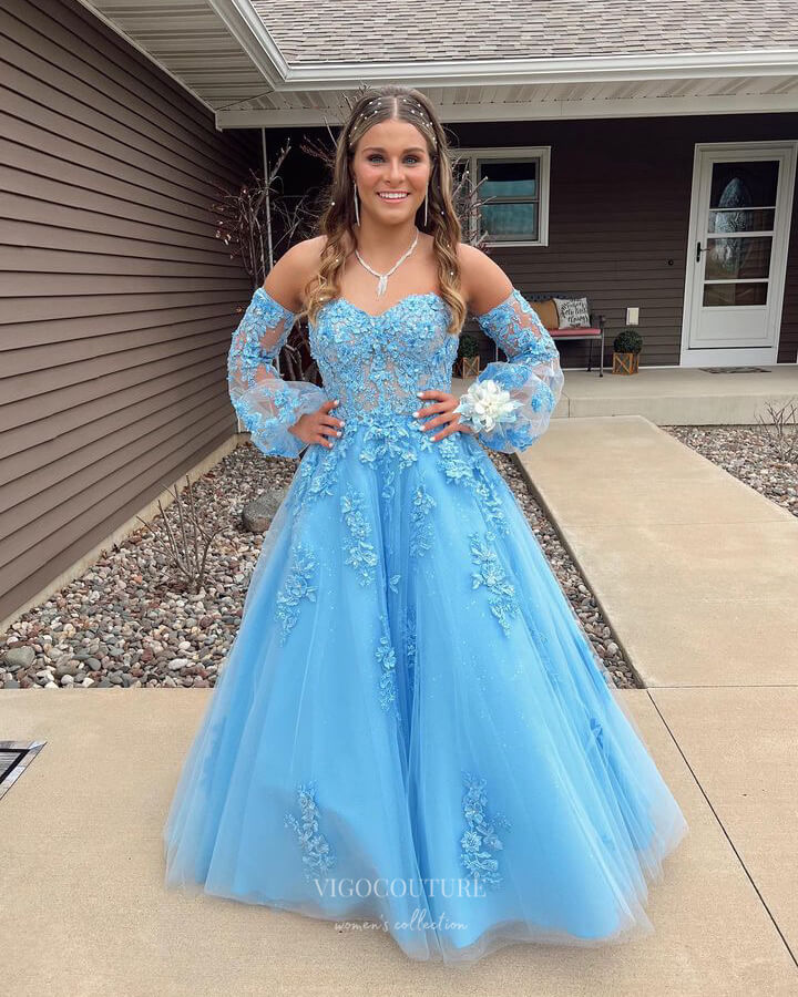 Light Blue Lace Applique Prom Dresses Removable Sleeve Formal Dress 24003 Custom Colors / US16 Light Blue Lace Applique Prom Dresses Removable Sleeve Formal Dress 24003 Custom Colors / US16
