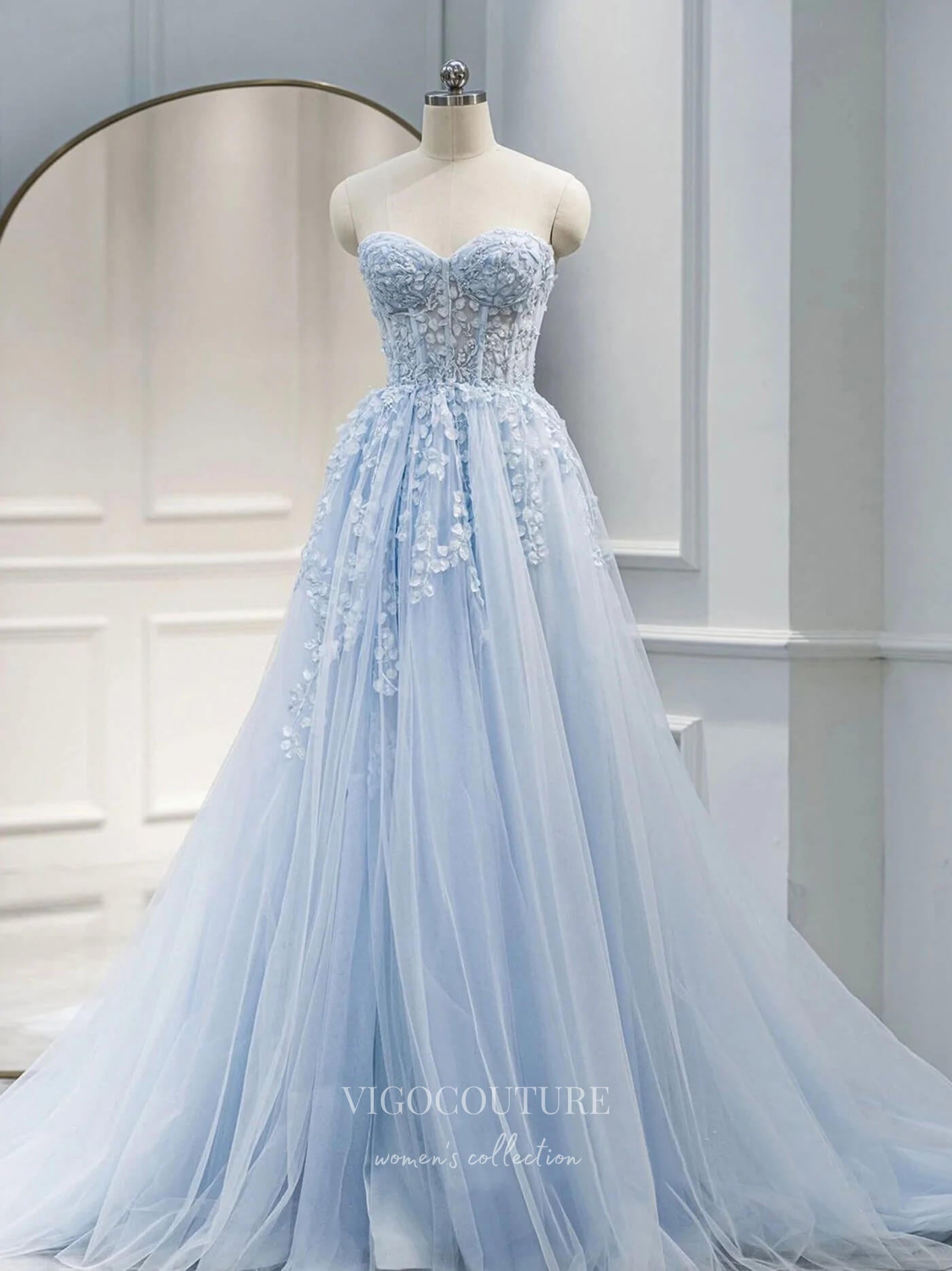 Light Blue Lace Applique Prom Dresses Strapless Evening Dress 21787 β vigocouture