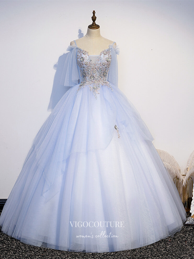 Light Blue Lace Applique Quinceanera Dresses Spaghetti Strap Sweet 16 vigocouture Light Blue Lace Applique Quinceanera Dresses Spaghetti Strap Sweet 16 vigocouture