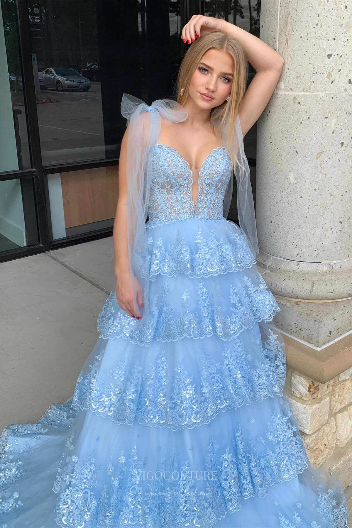 Light Blue Lace Applique Tiered Prom Dresses Sheer Bodice Bow Tie Strap 24363 Custom Colors / US0 Light Blue Lace Applique Tiered Prom Dresses Sheer Bodice Bow Tie Strap 24363 Custom Colors / US0