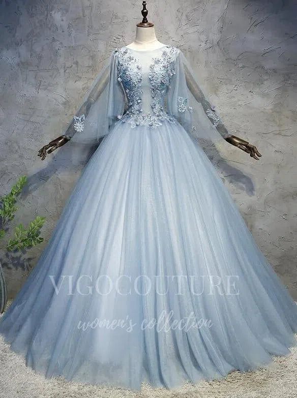Light Blue Long Sleeve Quinceaera Dresses Lace Applique Ball Gown 20450 Custom Colors / US8 Light Blue Long Sleeve Quinceaera Dresses Lace Applique Ball Gown 20450 Custom Colors / US8