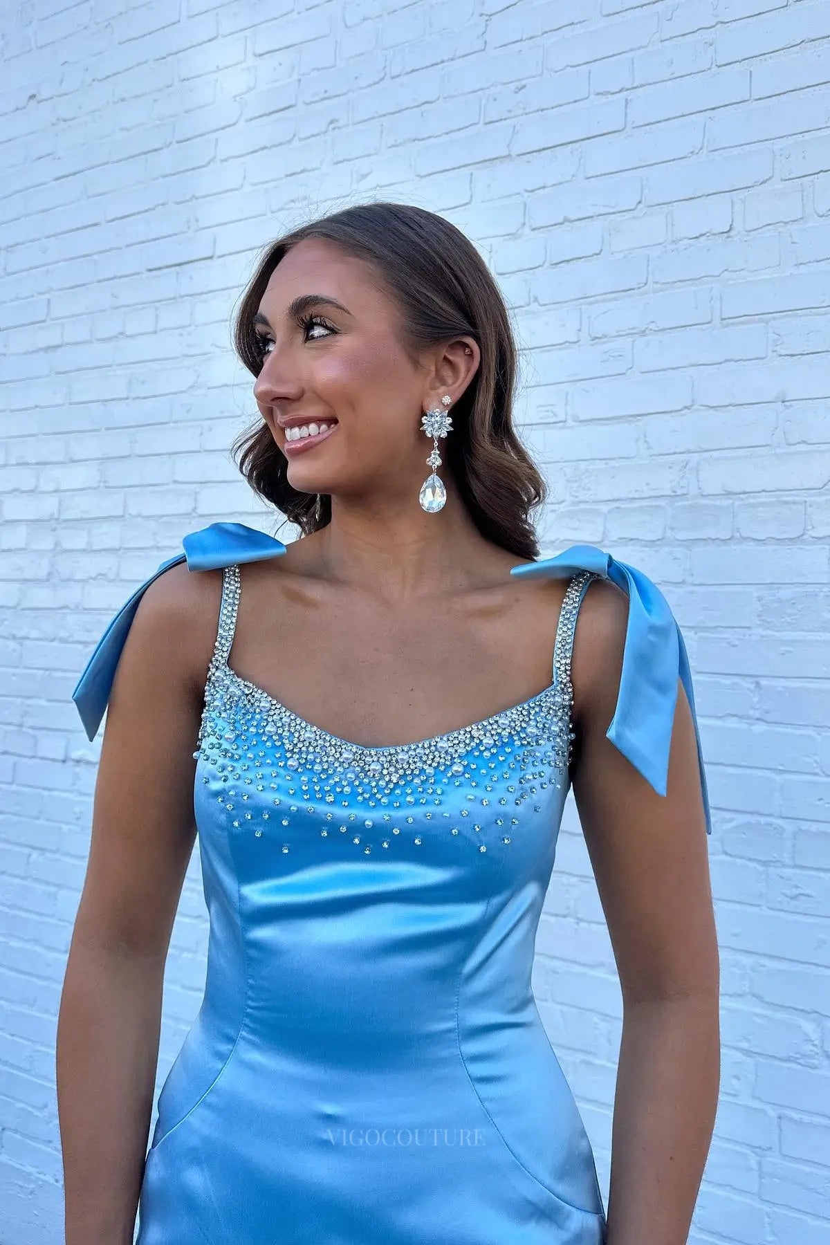 Prom Dresses 2025 to impress Light Blue Satin Mermaid Prom Dress with Bow Shoulder Straps & Crystal Beaded Neckline – 26062-vigocouture-vigocouture