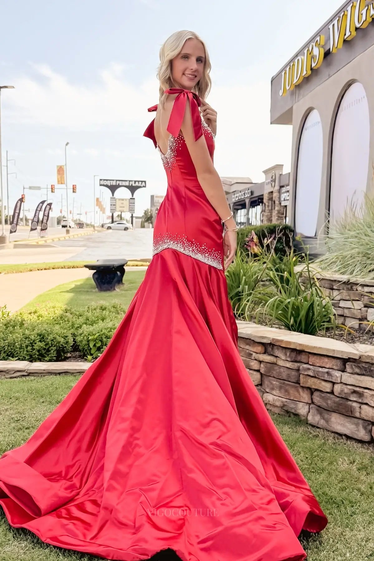 Prom Dresses 2025 to impress Light Blue Satin Mermaid Prom Dress with Bow Shoulder Straps & Crystal Beaded Neckline – 26062-vigocouture-vigocouture