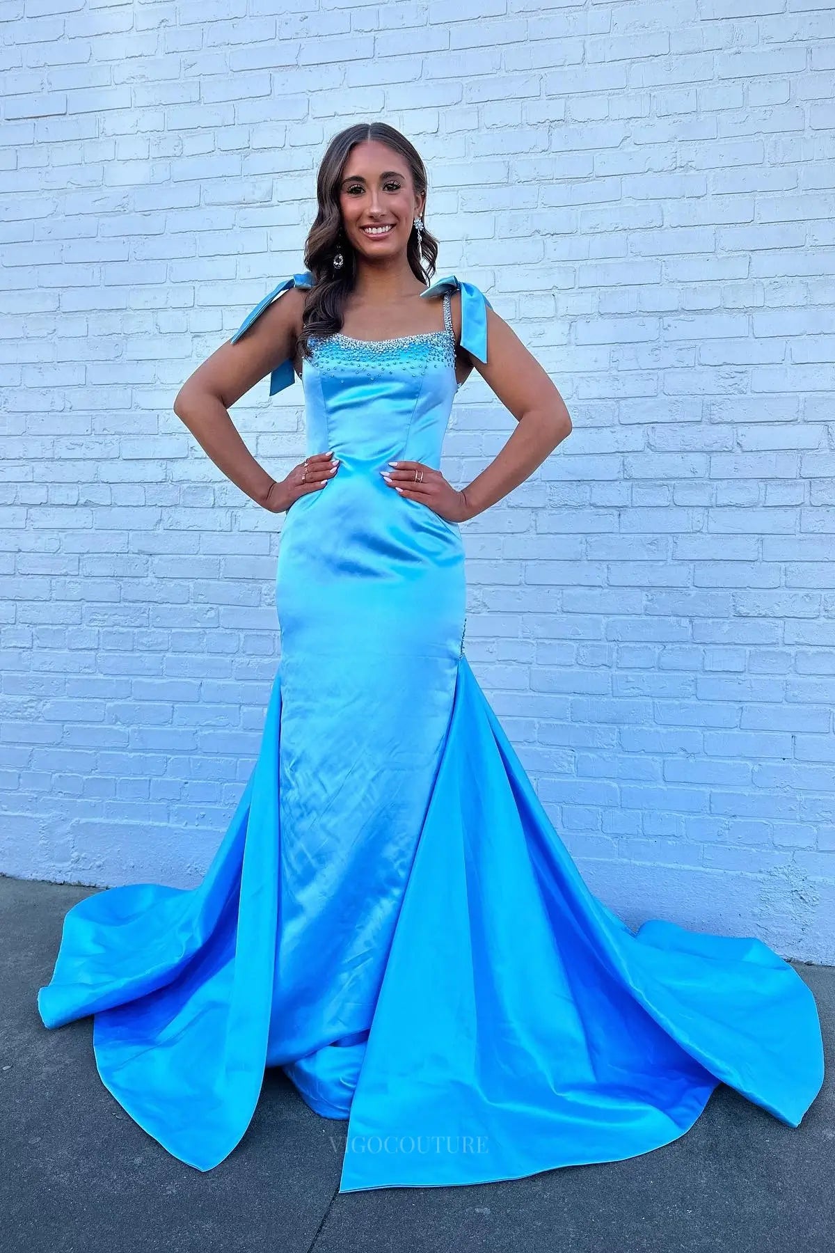 Light Blue Satin Mermaid Prom Dress with Bow Straps – 26062 – vigocouture