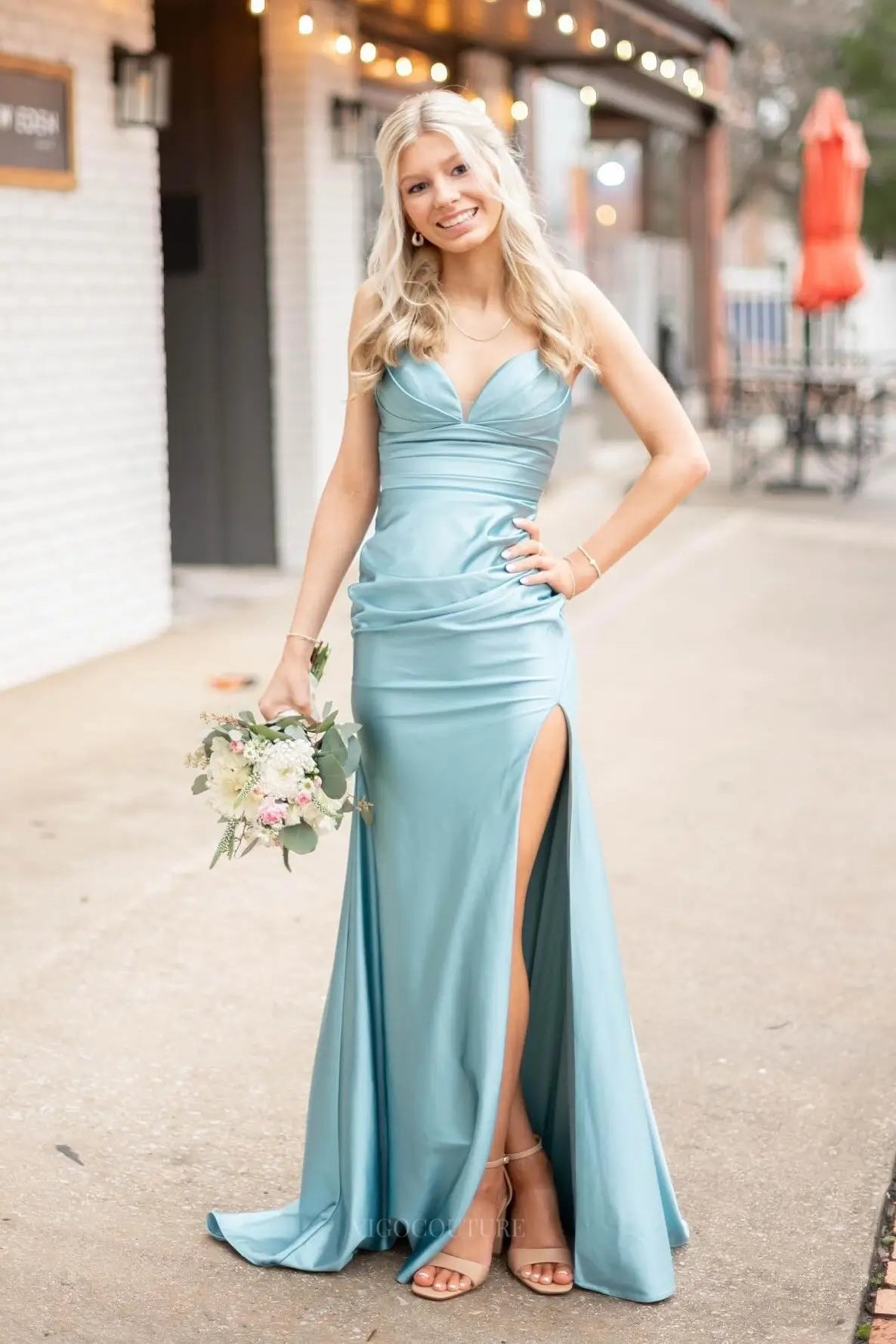 Light Blue Satin Prom Dress with Ruched Waist & High Slit
