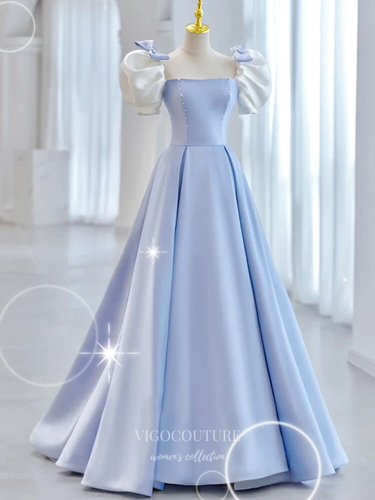 Light Blue Satin Prom Dresses Puffed Sleeve Formal Gown 21903 Light Blue / 18w Light Blue Satin Prom Dresses Puffed Sleeve Formal Gown 21903 Light Blue / 18w