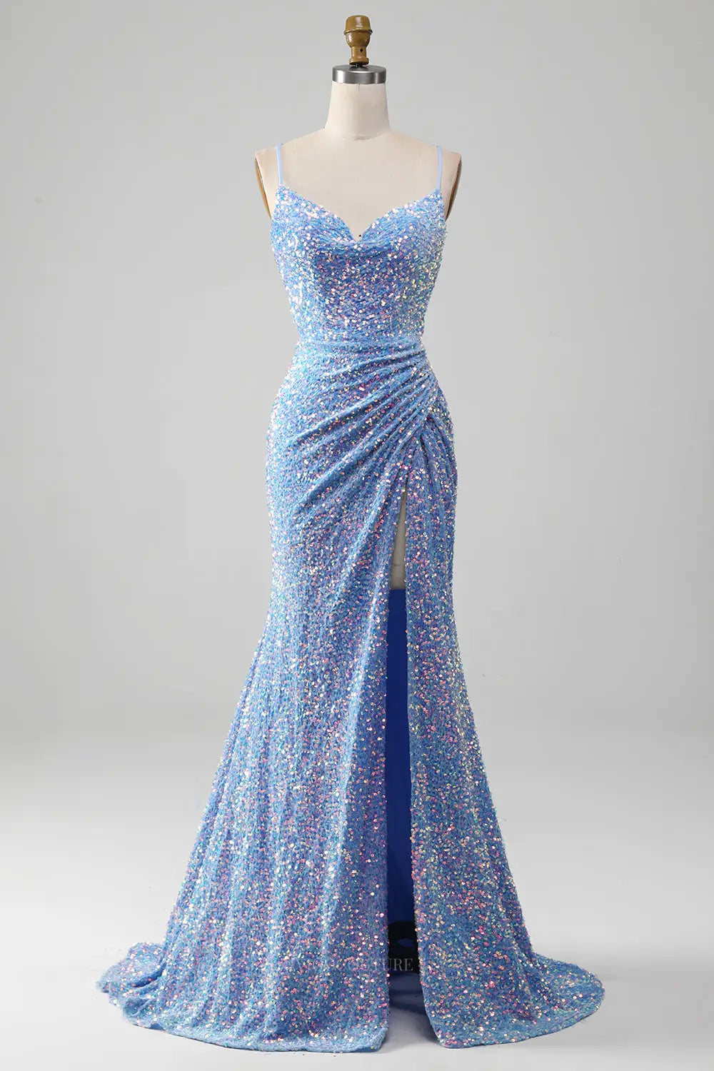 ZAPAKA Women Sparkly Sequins Light Blue Prom Dress with Slit Mermaid Spaghetti Straps Party Dress, Light Blue / UK16 ZAPAKA Women Sparkly Sequins Light Blue Prom Dress with Slit Mermaid Spaghetti Straps Party Dress, Light Blue / UK16