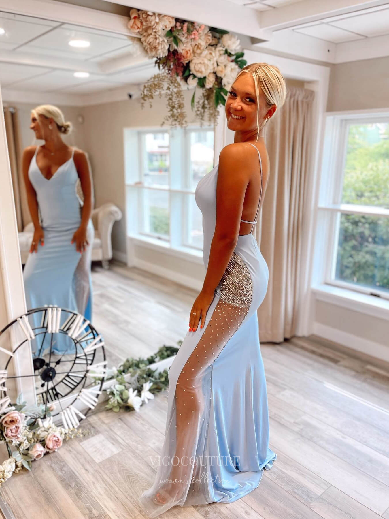 Light Blue Sheer Slit Satin Prom Dresses Mermaid Spaghetti Strap 24088 vigocouture Light Blue Sheer Slit Satin Prom Dresses Mermaid Spaghetti Strap 24088 vigocouture