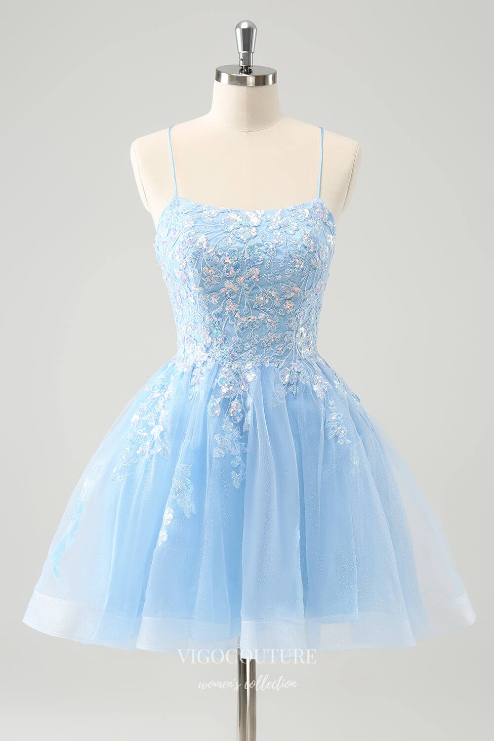 Light Blue Sparkly Lace Applique Homecoming Dresses Spaghetti Strap Ba vigocouture Light Blue Sparkly Lace Applique Homecoming Dresses Spaghetti Strap Ba vigocouture
