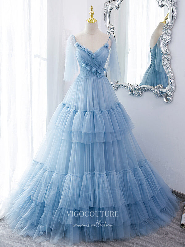 Light Blue Tiered Prom Dress 2022 Spaghetti Strap Party Dress 21504 Custom Colors / Custom Size Light Blue Tiered Prom Dress 2022 Spaghetti Strap Party Dress 21504 Custom Colors / Custom Size