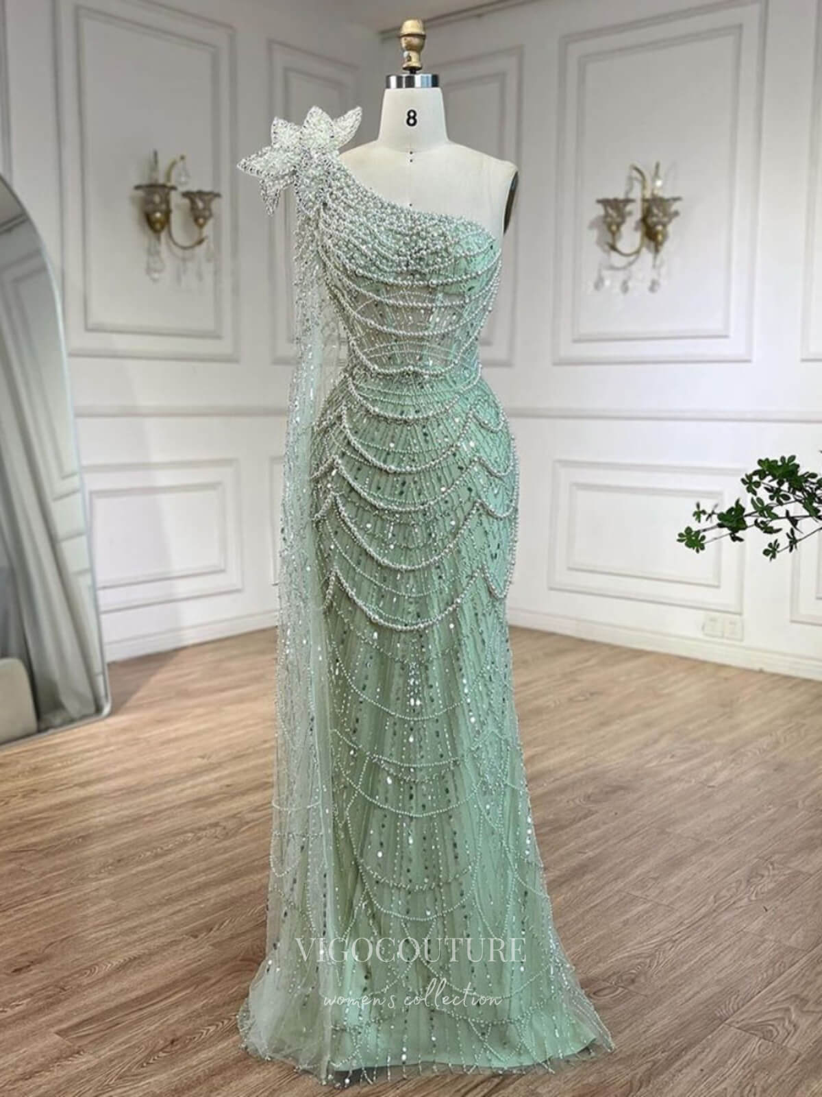 Light Green Beaded Mermaid Prom Dresses One Shoulder Pageant Dress 24505 Light Green / US10 Light Green Beaded Mermaid Prom Dresses One Shoulder Pageant Dress 24505 Light Green / US10