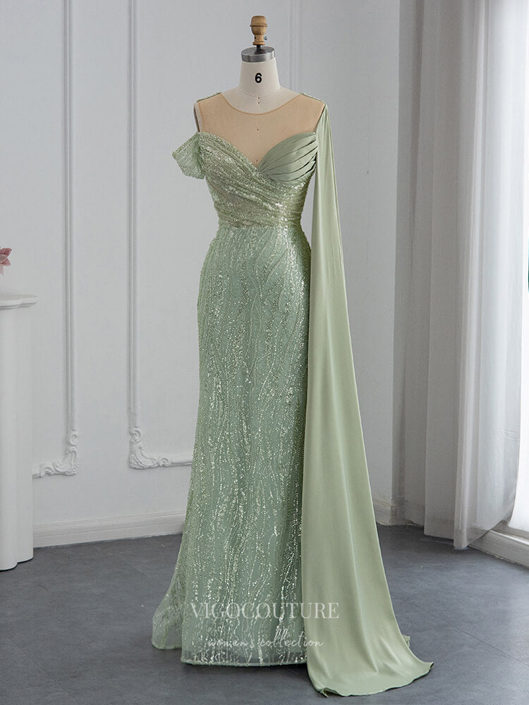 Light Green Beaded Prom Dresses Watteau Train Evening Dress 22143 vigocouture Light Green Beaded Prom Dresses Watteau Train Evening Dress 22143 vigocouture