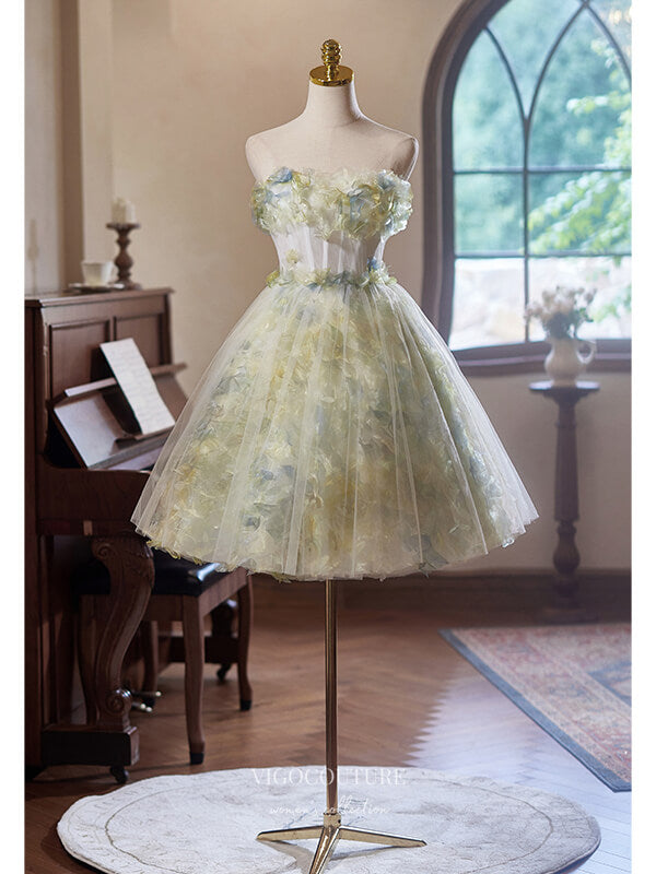 Light Green Floral Homecoming Dress Strapless Graduation Dress hc328 vigocouture Light Green Floral Homecoming Dress Strapless Graduation Dress hc328 vigocouture