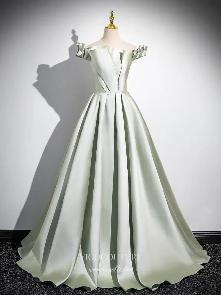 Light Green Off the Shoulder Cheap Prom Dresses 2025 Satin Formal Gown – vigocouture