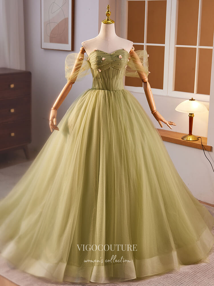 Light Green Off the Shoulder Prom Dresses Beaded Floral Quinceanera Dr – vigocouture