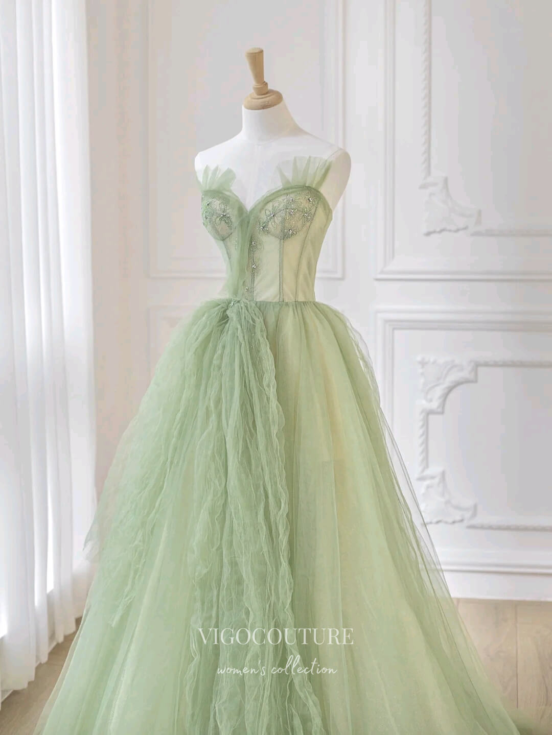 Prom Dress 2025 Light Green Tulle Prom Dresses Strapless Formal Dresses 21153-unique elegant Prom Dresses-Light Green-Custom Size-vigocouture