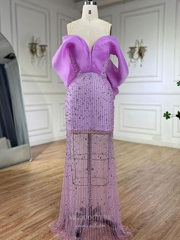 Lilac Beaded Sheer Prom Dresses Off the Shoulder Pageant Dress 25009 Lilac Beaded Sheer Prom Dresses Off the Shoulder Pageant Dress 25009