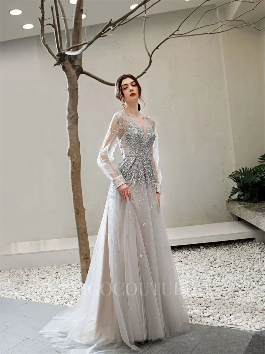 Long Sleeve A-line Prom Dresses Plunging V-neck Beaded Evening Dresses 20172 Silver / Custom Size Long Sleeve A-line Prom Dresses Plunging V-neck Beaded Evening Dresses 20172 Silver / Custom Size