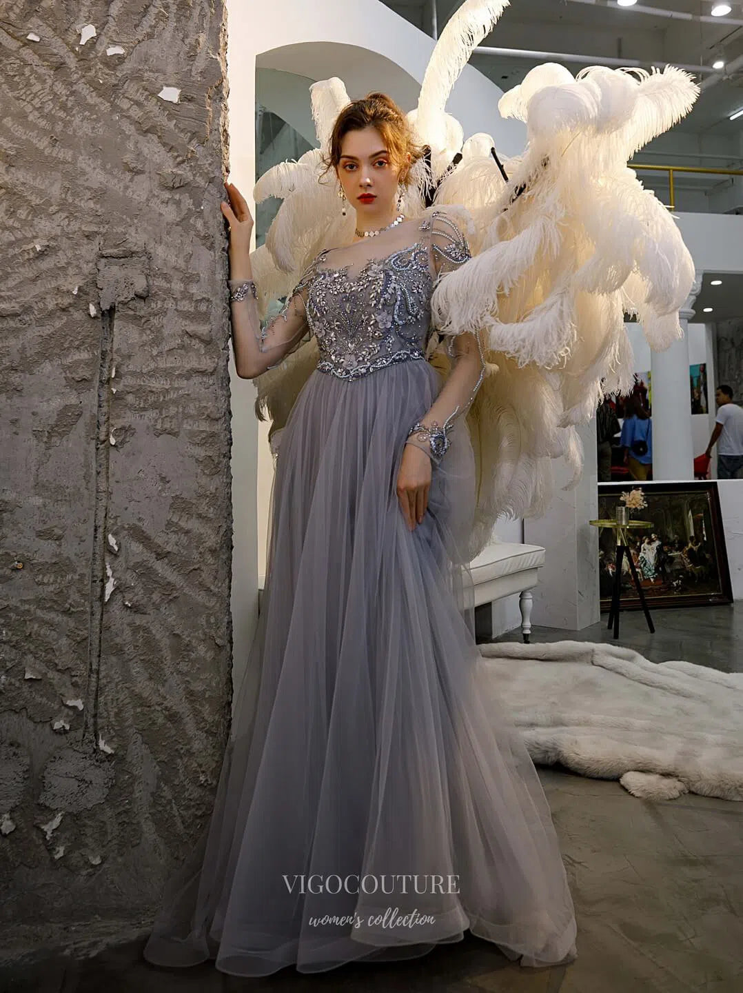 Long Sleeve Beaded Prom Dress 20214 vigocouture Long Sleeve Beaded Prom Dress 20214 vigocouture